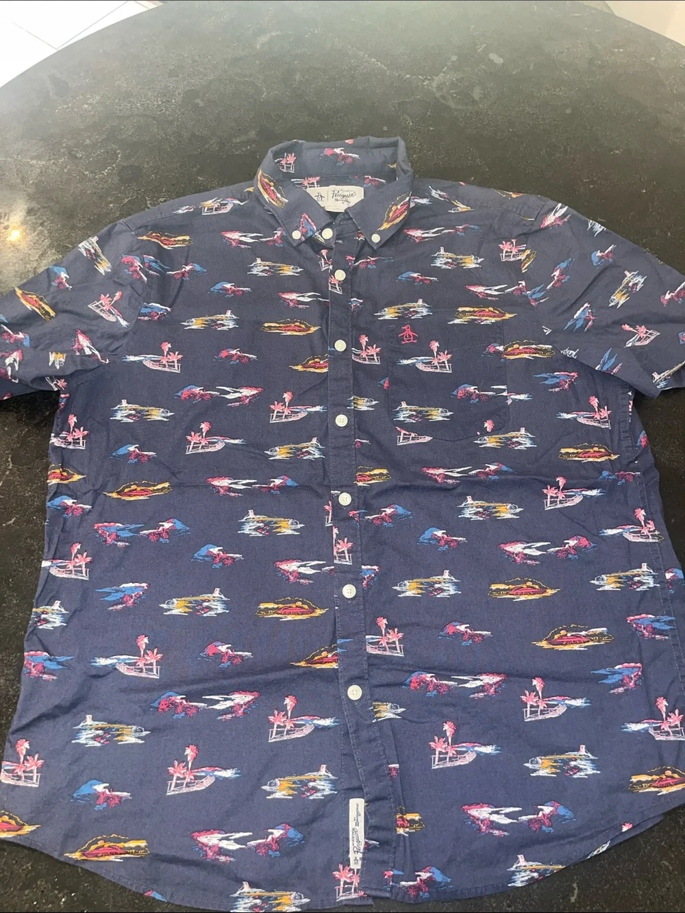 Original Penguin Navy Button-Down with Pink & Blue Tropical Accent - Picture 1 of 2